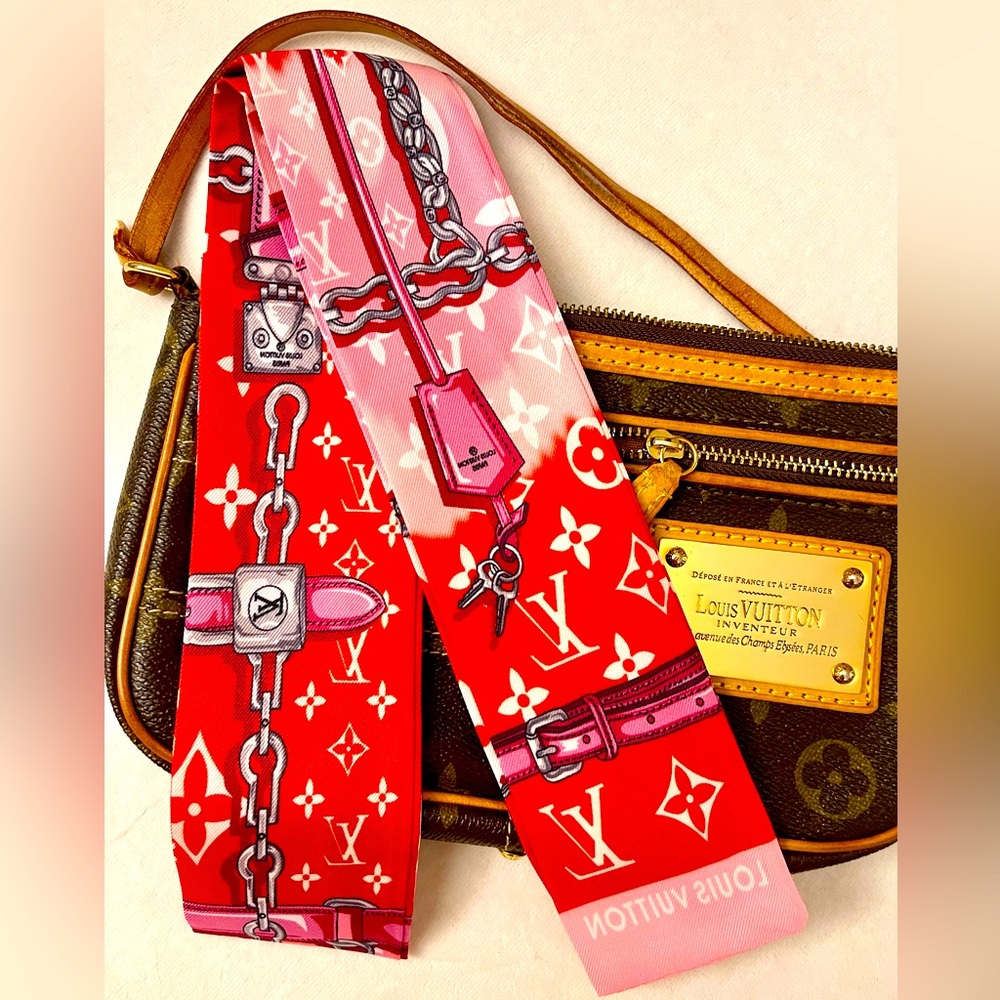Red and Pink Iconic Monogram Print Twilly Bandeau Wrap Scarf - Picture 4 of 7
